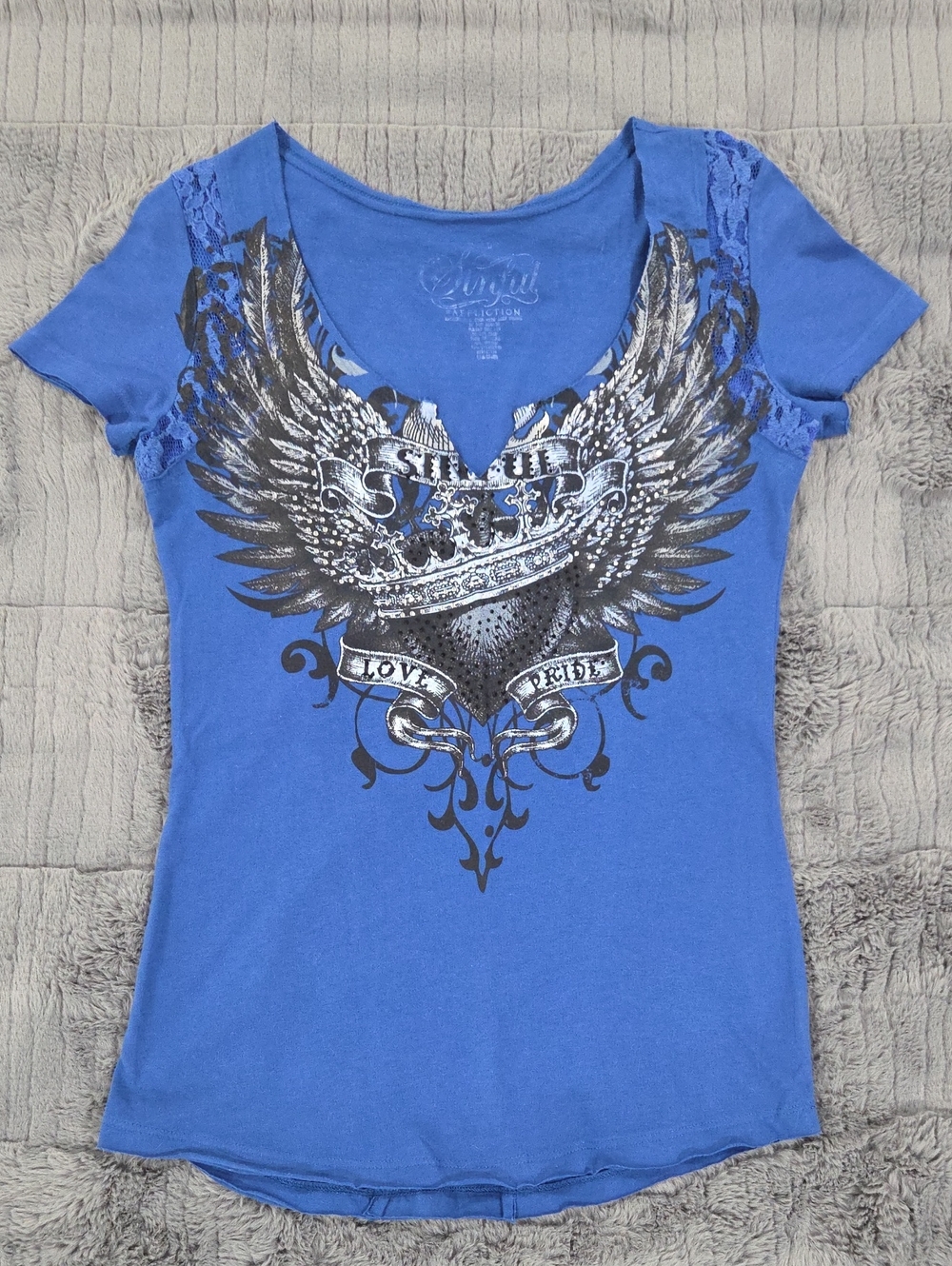 Affliction Blue "Blingy"  Graphic Lace-Shoulder Women's Tee